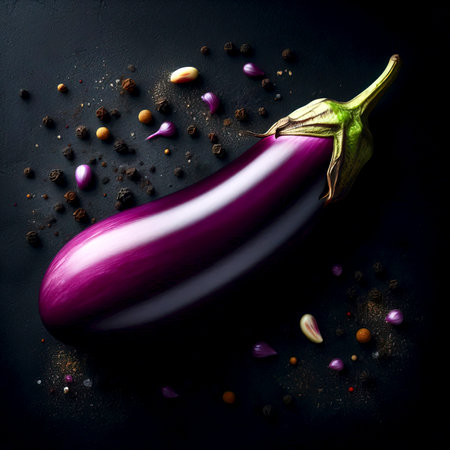 juicy ripe eggplant on black background, close-up, selective focusの素材