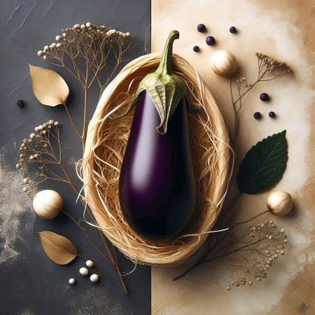 eggplant on table in rustic style, still life eggplant various ingredients, close-up, selective focusの素材