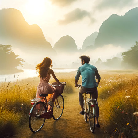 girl and guy on bicycles in the rays of the setting sunの素材