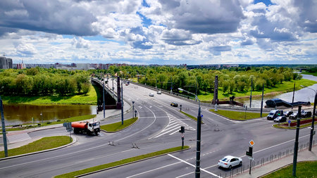view of the bridge and the city against the backdrop of a sunny cloudy sky close-up selective Focus