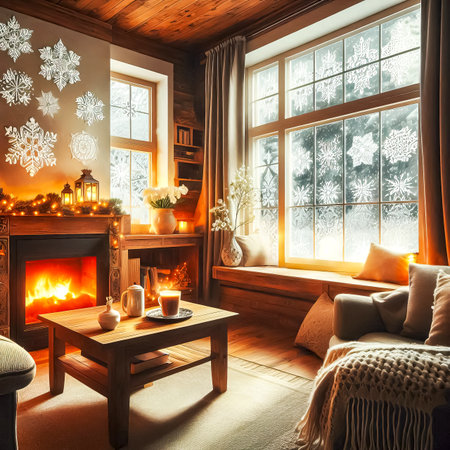 cozy room decorated for christmas with a large window and a winter landscape behind it, a fireplace, a christmas tree and frost patterns on the window. close-up selective focusの素材