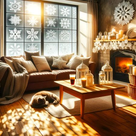 cozy room decorated for christmas with a large window and a winter landscape behind it, a fireplace, a christmas tree and frost patterns on the window. close-up selective focusの素材