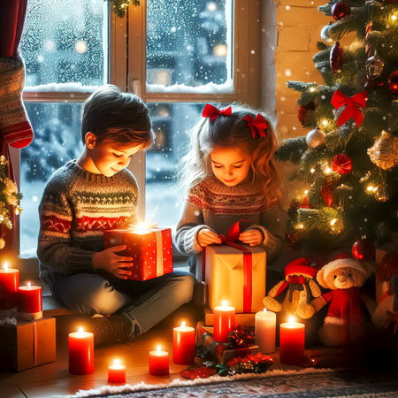 Children looking at presents sitting near the Christmas tree, festive atmosphere. Christmas tree, candles, snow outside the window. close-up selective focusの素材