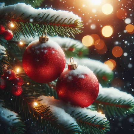 Christmas tree branch covered with snow close-up decorated with Christmas balls close-up selective focusの素材