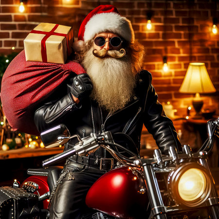 Santa Claus biker on cool motorcycle with gifts close-up selective focusの素材