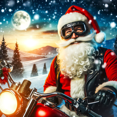 Santa Claus biker on cool motorcycle with gifts close-up selective focusの素材