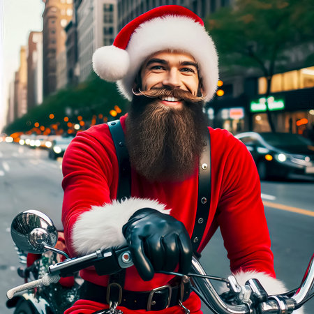Santa Claus biker on cool motorcycle with gifts close-up selective focusの素材