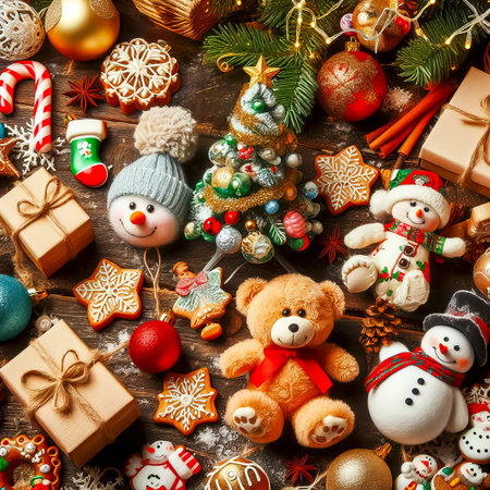 festive Christmas background of New Year toys Christmas time Holiday Season close-up selective focusの素材