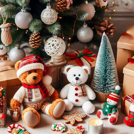 various toys and Christmas gifts near decorated Christmas tree close-up selective focusの素材