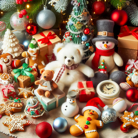 various toys and Christmas gifts near decorated Christmas tree close-up selective focusの素材