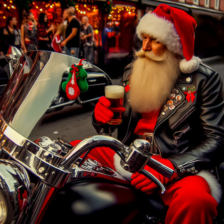 Santa Claus biker on cool motorcycle with gifts close-up selective focusの素材