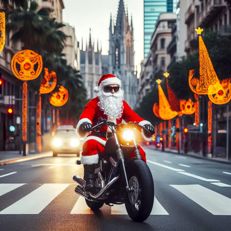 Santa Claus biker on cool motorcycle with gifts close-up selective focusの素材