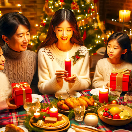 joyful cheerful laughing family at christmas table with gifts in hands halloween season christmas time close up with elixir focusの素材