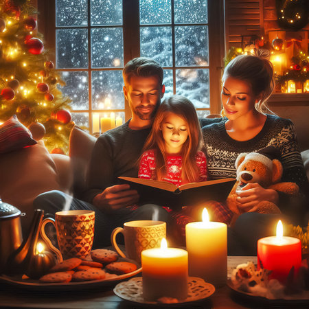 family reading christmas stories about holiday tree evening time christmas lighting close up selective focusの素材