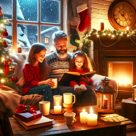 family reading christmas stories about holiday tree evening time christmas lighting close up selective focusの素材