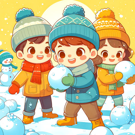 happy children playing in snow christmas eve sunny bright day holiday season close up selective focusの素材