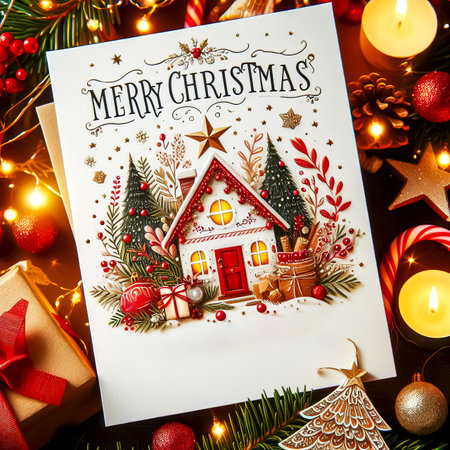 Christmas card with greetings for Christmas and New Year with the image of Santa Claus, snowmen, Christmas tree and other Christmas decorations. Blank for the celebration of Christmas and New Year. close-up selective focusの素材