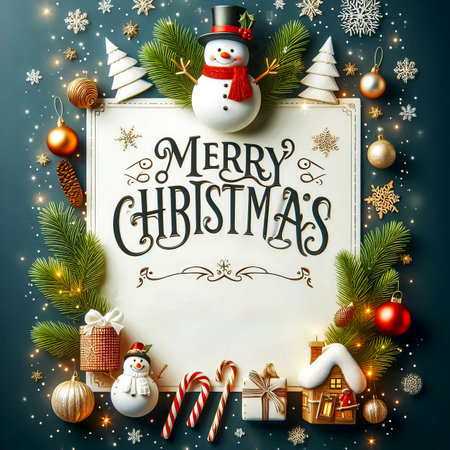 Christmas card with greetings for Christmas and New Year with the image of Santa Claus, snowmen, Christmas tree and other Christmas decorations. Blank for the celebration of Christmas and New Year. close-up selective focusの素材