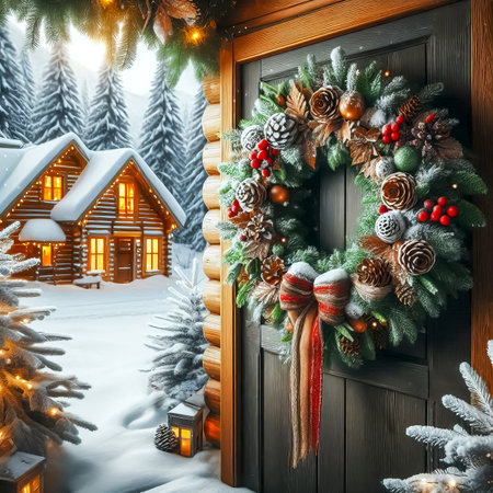 Christmas wreath on front door with view of snowy street and holiday lights in background close up selective focusの素材