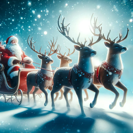 Santa Claus riding in a sleigh with gifts pulled by reindeer against the background of falling snow close-up selective focusの素材