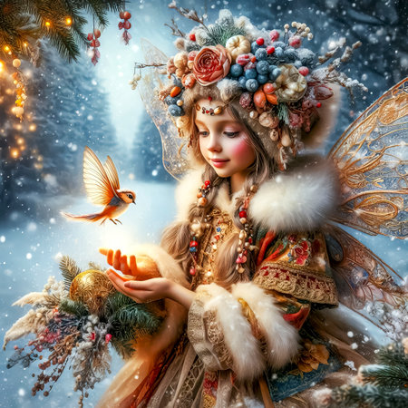 fairytale Christmas Fairy on winter background Holiday Season Christmas time close up selective focusの素材