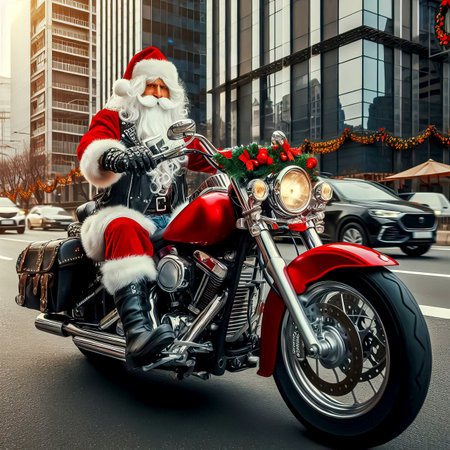 Santa Claus biker on cool motorcycle with gifts close-up selective focusの素材