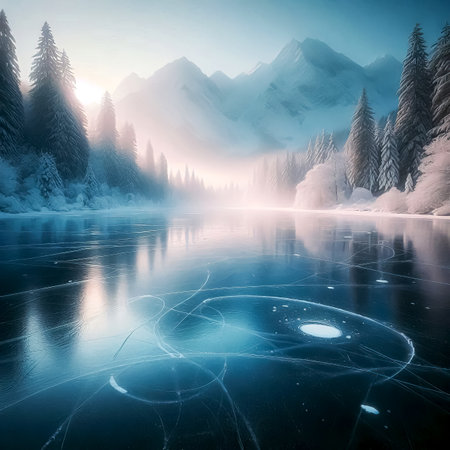 beautiful winter landscape with lake frozen, snow-covered trees and mountains in the background, close-up, selective focusの素材