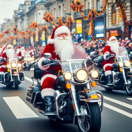 Santa Claus biker on cool motorcycle with gifts close-up selective focusの素材