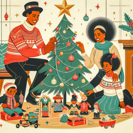 happy family decorating christmas tree together atmosphere of warmth and joy halloween season christmas time close up selective focusの素材