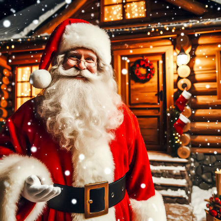 Santa Claus greeting guests at a snowy house decorated for Christmas with different lights and garlands close-up with selective focusの素材