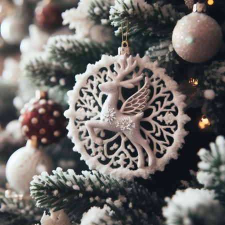 A New Year's toy hangs on a Christmas tree, surrounded by other decorations and lights. Close-up, selective focusの素材