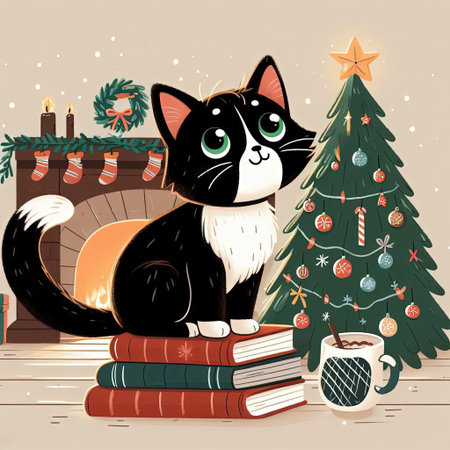 a young beautiful cat sits on a stack of books against the backdrop of a Christmas tree and a burning fireplace. Close-upの素材