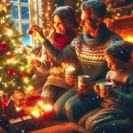 family decorating christmas tree together, family at christmas tree, adults and children decorating christmas tree together, christmas time, holiday and fun close up selective focusの素材