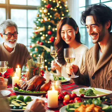 happy smiling family having christmas dinner at common table in home environment, christmas tree, fireplace and presents in background close up selective focusの素材