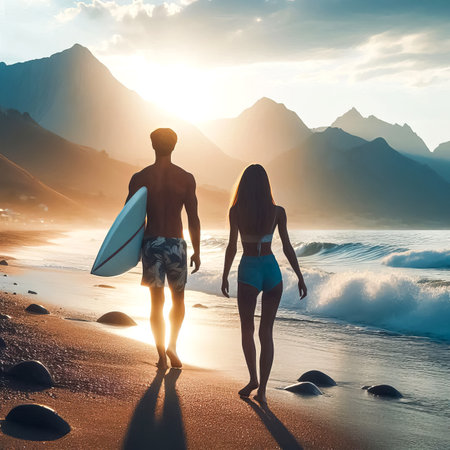 surfers walking along the seashore guy and girl close-up selective focusの素材