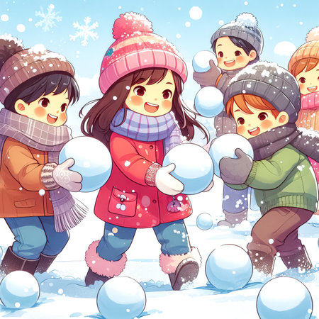 happy children playing in snow christmas eve sunny bright day holiday season close up selective focusの素材