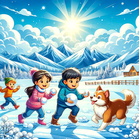 happy children playing in snow christmas eve sunny bright day holiday season close up selective focusの素材