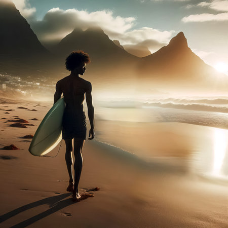 surfers walking along the seashore guy and girl close-up selective focusの素材