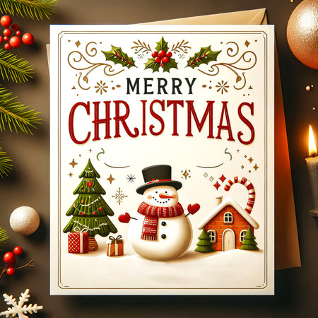 Christmas card with greetings for Christmas and New Year with the image of Santa Claus, snowmen, Christmas tree and other Christmas decorations. Blank for the celebration of Christmas and New Year. close-up selective focusの素材