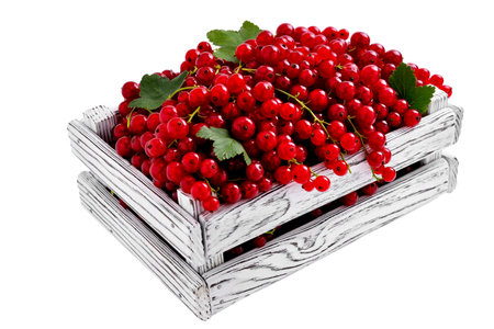 red currant in wooden rustic light box on white background close-up selective focusの写真素材
