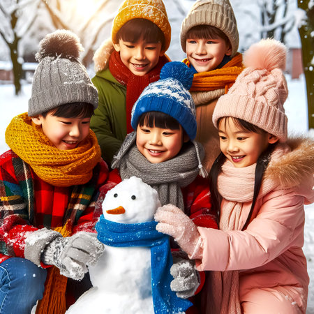 children making snowman, children playing with snowman, Holiday Season, Christmas time. close up selective focusの素材