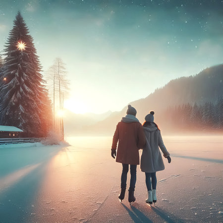 boy and girl ice skating holding hands, winter landscape, holiday season, Christmas Eve. close up selective focusの素材