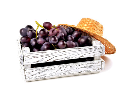 blue dark grapes in a wooden box selective focusの写真素材