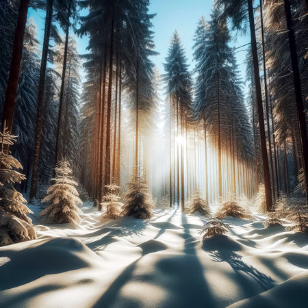 you are my snowy road going through a snowy forest in the rays of the setting sun close-up selective focusの素材