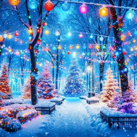 decorated for Christmas snowy alley in the park evening lights Holiday Season Christmas time close-up selective focusの素材