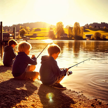 children with fishing rods fishing on the river on a summer evening in the rays of the setting sun close-up selective focusの素材