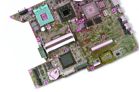old microcircuit from a laptop, background, on a white background, place for copy-spaceの写真素材