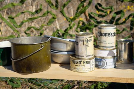 On the table ware and food products to the German and Russian soldiers during the Second world war.の写真素材
