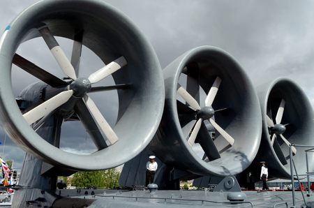 Russia Saint Petersburg.small landing craft is moored at the Marine terminal.のeditorial素材
