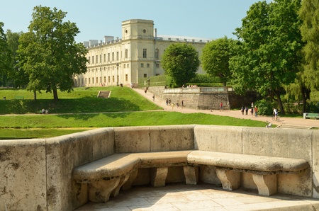 Russia.Gatchina.Historical Park in the city centre.Stone bench located on the bridge.のeditorial素材